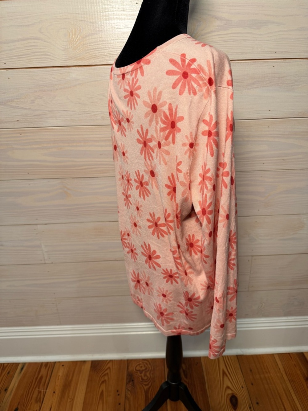 Floral Pink Button-Front Silk Cardigan Sweater 1X - Picture 5 of 7